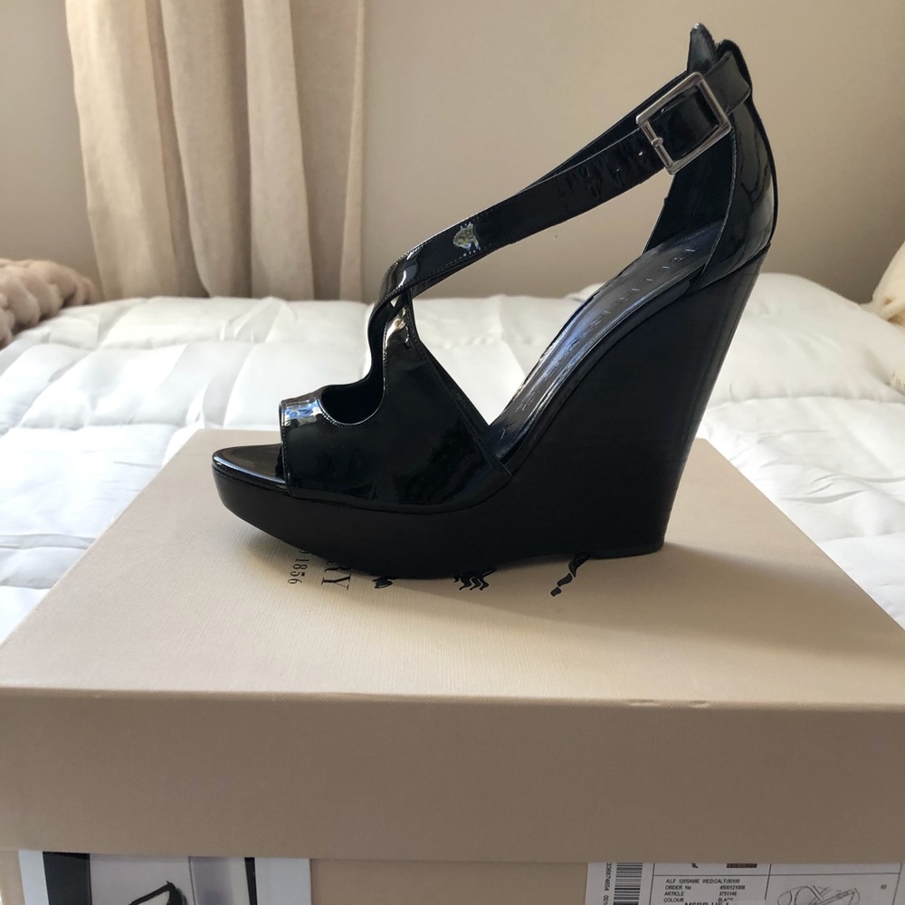 Burberry Black Patent Leather Wedge Sandals 37.5